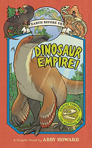 Book cover with illustrated dinosaurs and a world map, titled “Dinosaur Empire!”