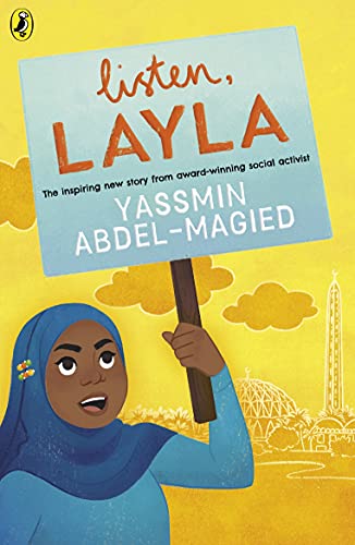 Book cover: girl with hijab holding a sign reading "listen, LAYLA" against a city skyline.