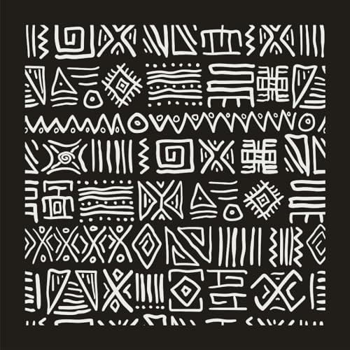 Black and white album cover with dense, abstract geometric patterns.