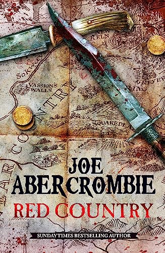 Book cover: "Red Country" with a map, sword, and gold coins.