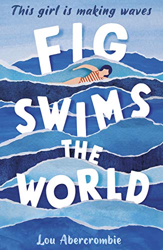 Book cover illustration of a girl swimming in blue paper-collage waves with white text.