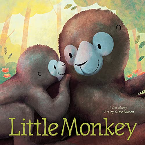 A small monkey leans against a larger monkey in a colorful, illustrated forest setting.