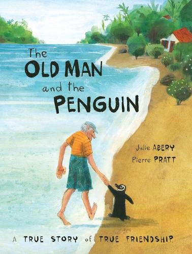 Book cover depicting an old man walking with a penguin on a beach.