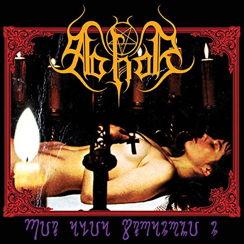 "Album cover with a man lying on a table, surrounded by lit candles and occult symbols."