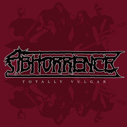 Red album cover with "Abhorrence" in gothic font and band members in the background.