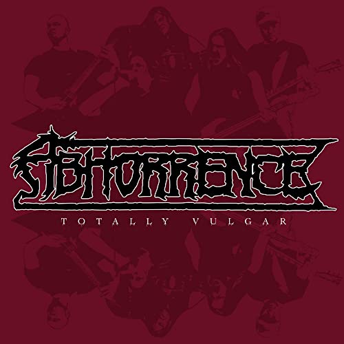 Abhorrence band logo and members in dark tones on a red background.