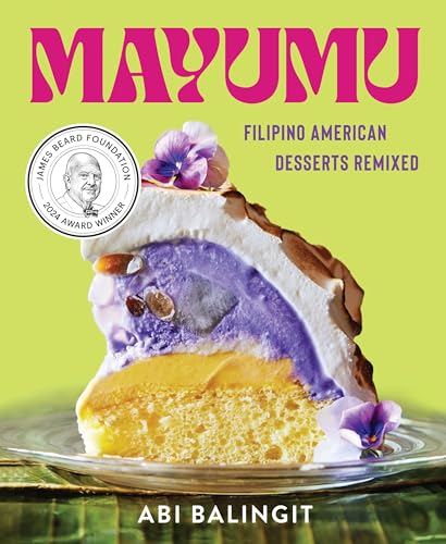 Book cover: “Mayumu” with a colorful slice of ube cheesecake.