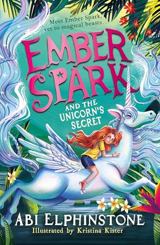 A girl with red hair rides a winged white unicorn in a lush jungle setting.