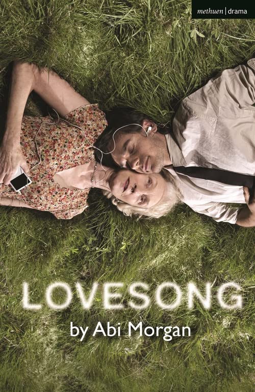 Two people lying in grass, sharing headphones, book cover for "Lovesong".