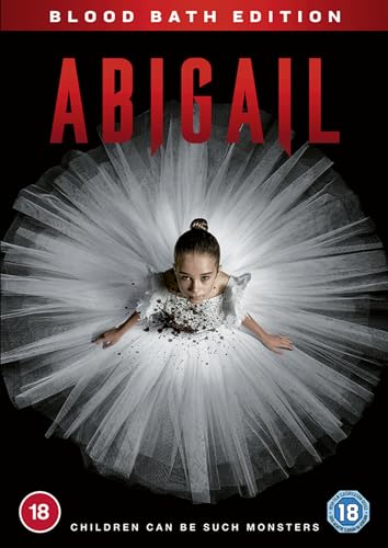 A young girl in a white tutu covered in blood spots on a black background.