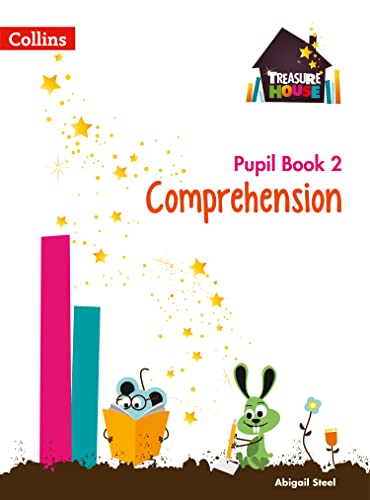 Comprehension Year 2" pupil book cover with cartoon animals and stars.