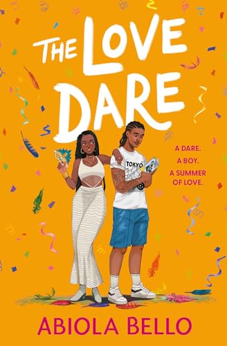 Book cover showing a young couple standing together against a bright orange confetti background.