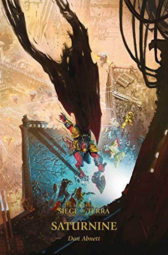 A red-armored warrior with a black cape leaps into battle above a war-torn city.