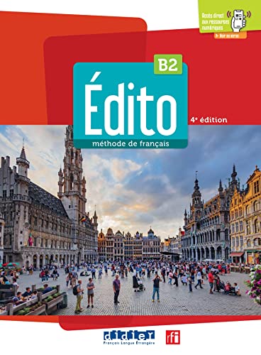 French textbook “Édito” with a B2 level marking and city square scene.