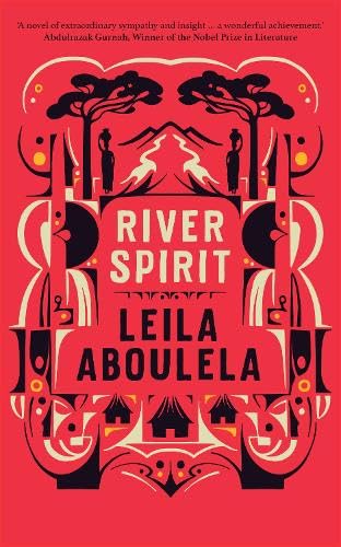 Book cover with red background, black stylized illustrations of trees, figures, and huts.
