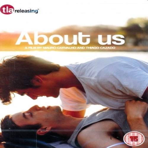 DVD cover for "About Us" depicting two men embracing by water.