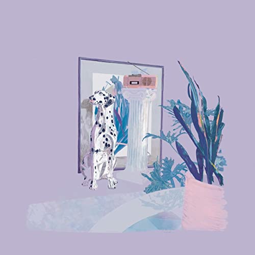 A dalmatian sits next to a classical column and a potted plant on lavender.