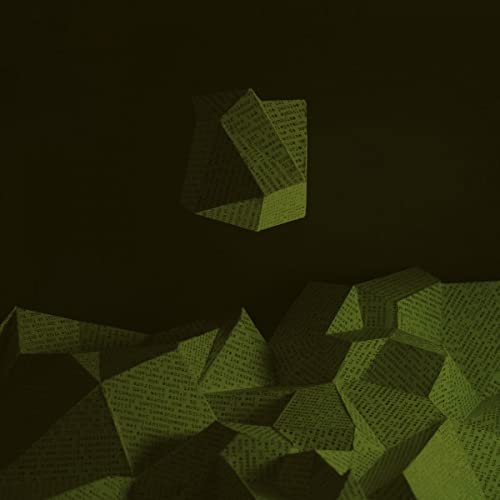 Dark green abstract geometric shapes with text, resembling debris.