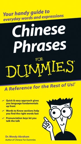 Book cover: "Chinese Phrases For Dummies" with cartoon character.