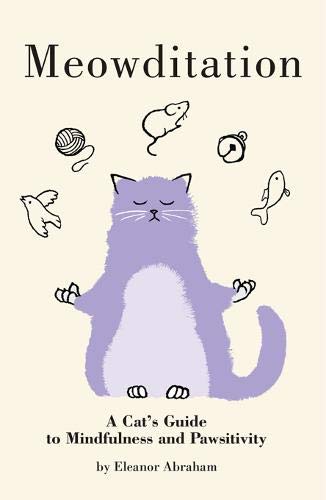 Purple cat meditating with toys floating around, book cover illustration.