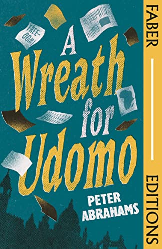 Book cover: "A Wreath for Udomo" by Peter Abrahams, with falling papers.