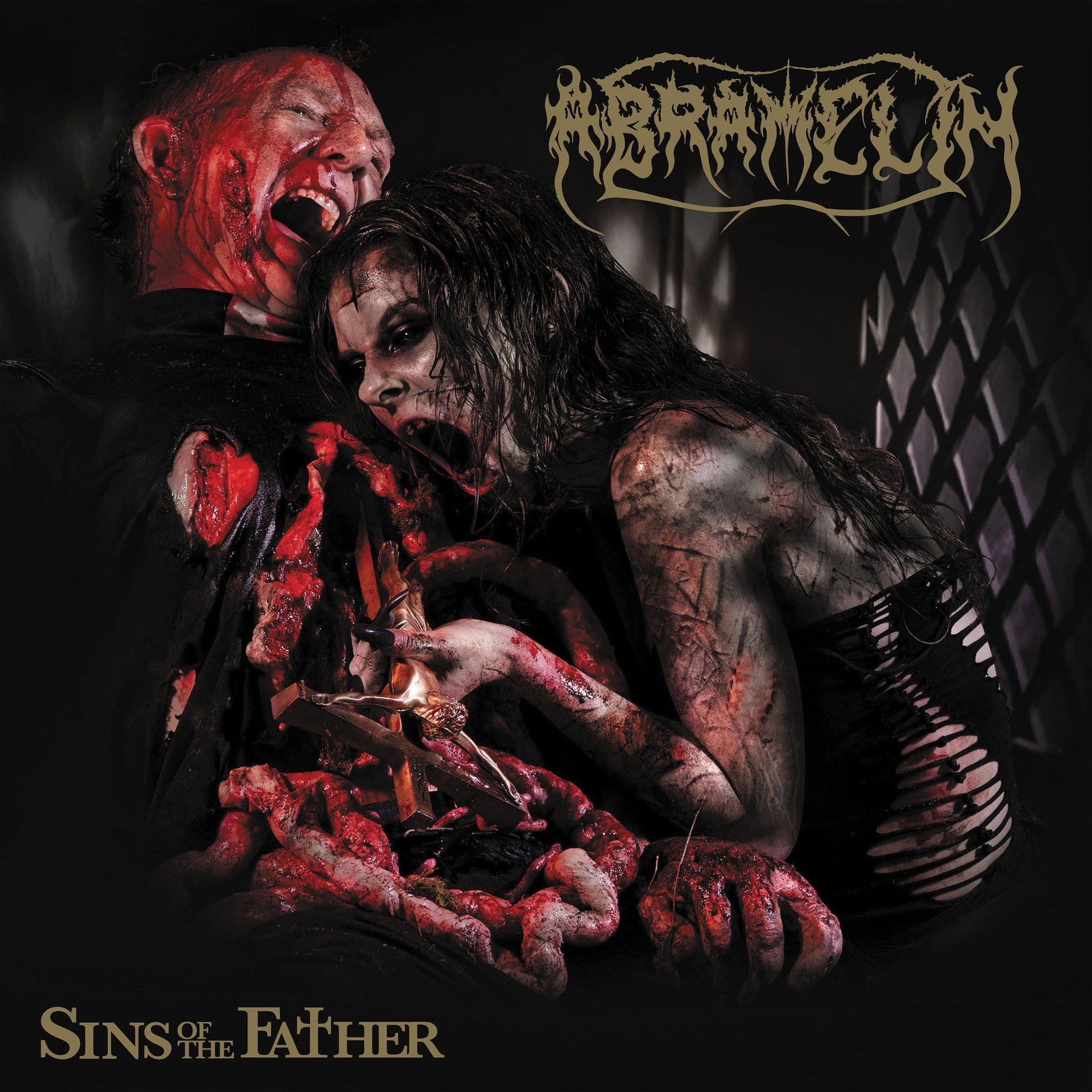 A bloody woman attacks a screaming priest holding a crucifix on a dark background.