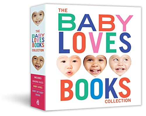 Baby Loves Books box set with colorful text and heart-shaped photos of baby faces.