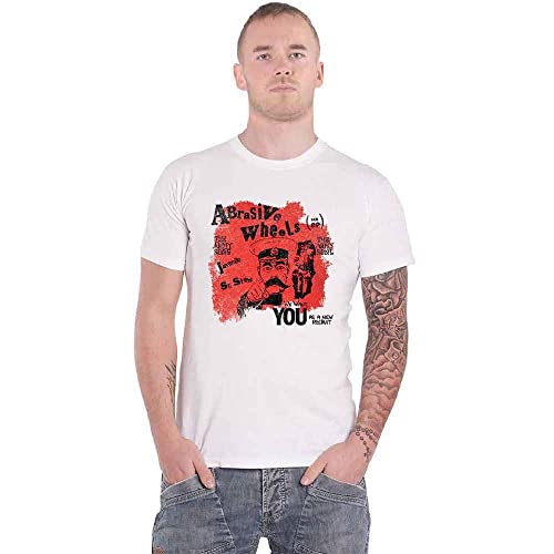 White t-shirt with a red and black Abrasive Wheels band logo print.