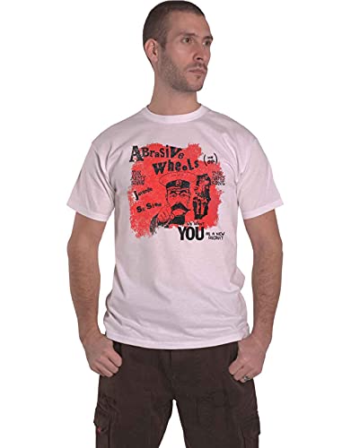 White t-shirt with red and black Abrasive Wheels band logo and army illustration.
