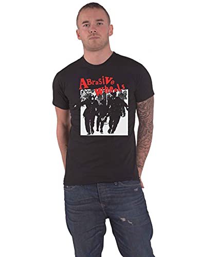 Black t-shirt with white and red Abrasive Wheels band logo graphic.