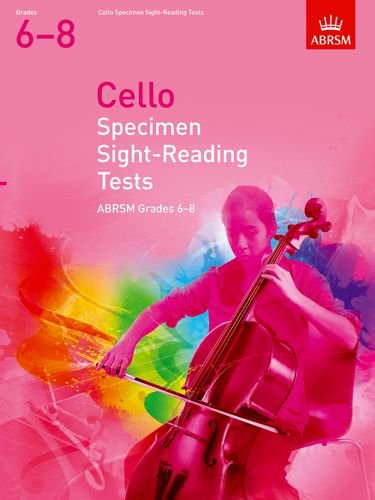 Cello sight-reading test book cover, pink background, musician playing.