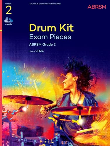 ABRSM Grade 2 Drum Kit Exam Pieces book cover with a drummer on blue background.