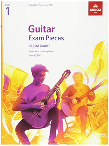 ABRSM Grade 1 guitar exam pieces book cover with two people playing acoustic guitars.