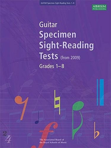 Purple ABRSM guitar sight-reading tests book, with musical notes overlay.