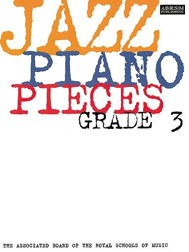Cover of ABRSM Jazz Piano Pieces Grade 3 music book with colorful text.