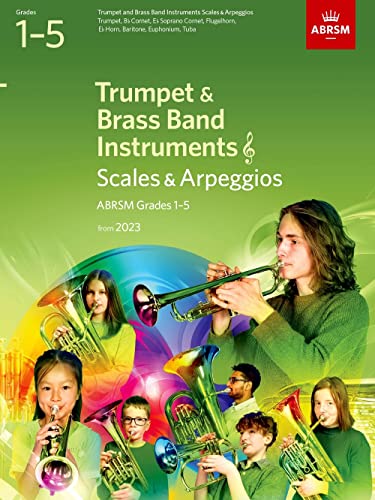 Music book cover for ABRSM Trumpet and Brass Band Instruments Grades 1-5 with musicians.