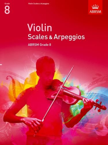 Music book cover titled Violin Scales & Arpeggios Grade 8 with a violinist illustration.