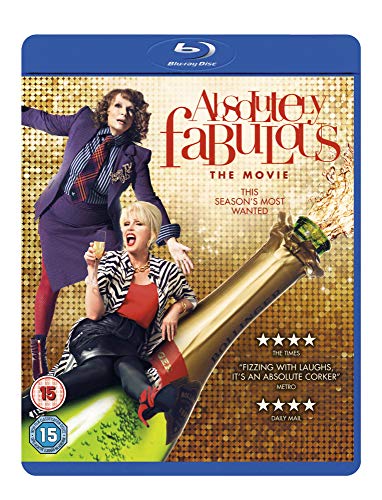 Blu-ray cover for "Absolutely Fabulous: The Movie" featuring two women and champagne.