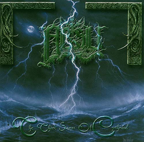 Album cover with green ornate borders, lightning striking a dark sea, and stylized text.
