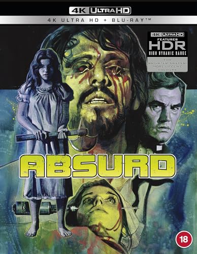 Horror film cover art featuring a girl with an axe, a man, and bloody faces.