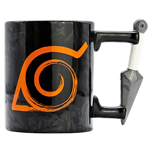 Black Naruto mug with an orange Konoha symbol and a 3D kunai knife handle.