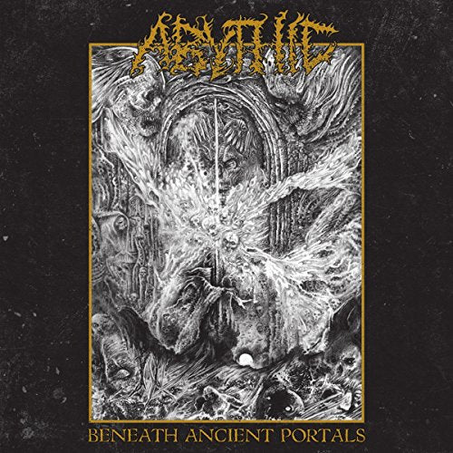 Abythic album cover: detailed, dark, textured artwork with a central portal image.