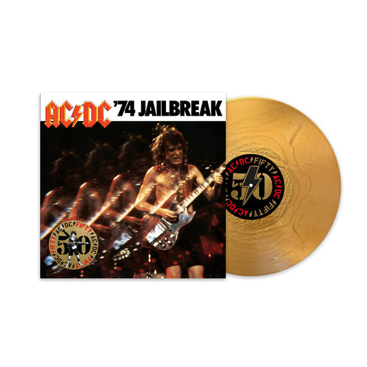 AC/DC “Jailbreak” 50th Anniversary gold vinyl record and album cover.