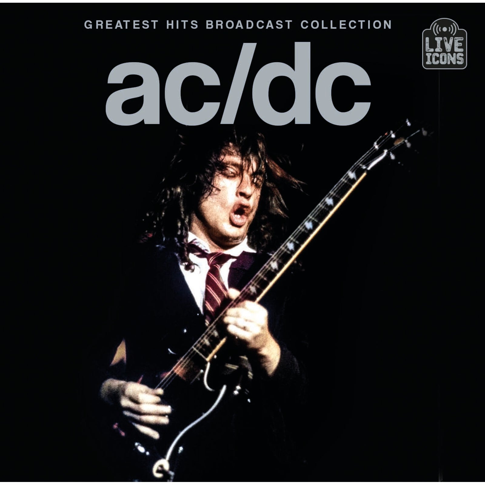 Angus Young playing guitar on stage with AC/DC Greatest Hits Broadcast Collection album cover.