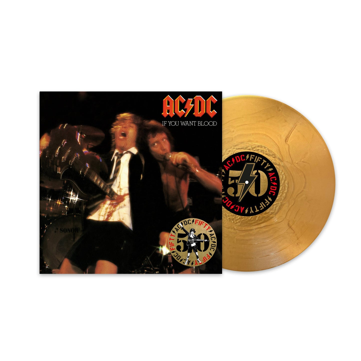 AC/DC “If You Want Blood” 50th anniversary gold vinyl record.