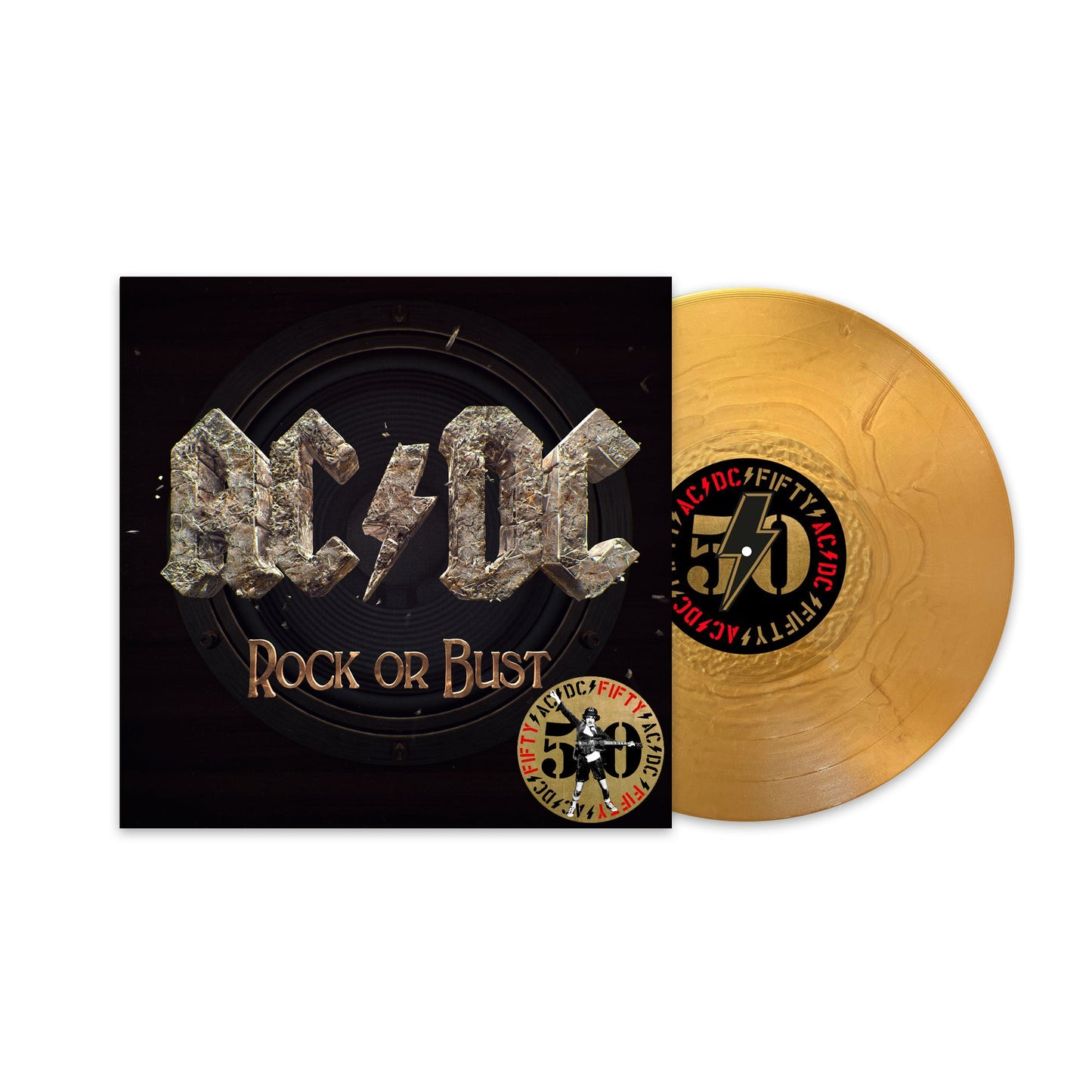 AC/DC “Rock or Bust” 50th Anniversary vinyl record, gold colored.