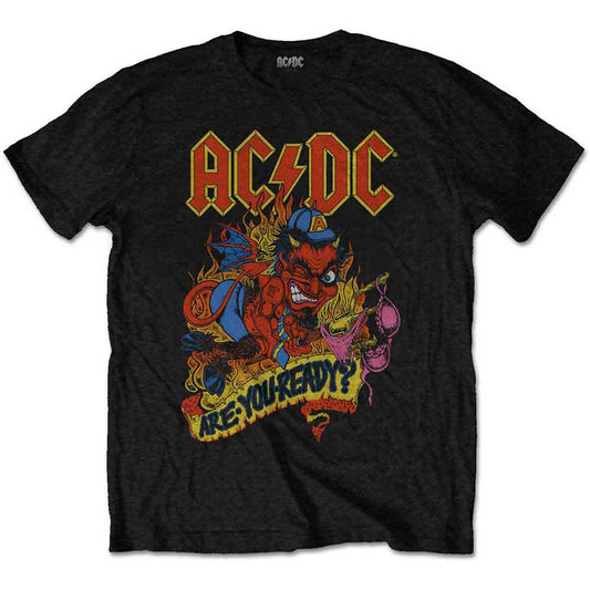 Man wearing a black AC/DC graphic t-shirt with a cartoon devil and text.
