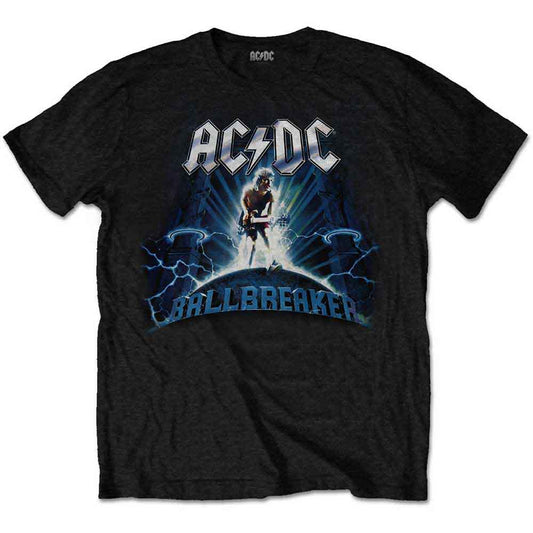 A man wearing a black AC/DC Ballbreaker t-shirt with a blue lightning graphic.