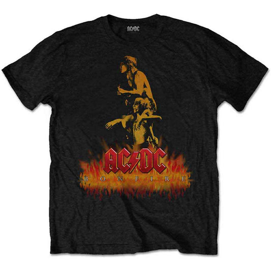 Black AC/DC "Bonfire" t-shirt with a fiery graphic design.