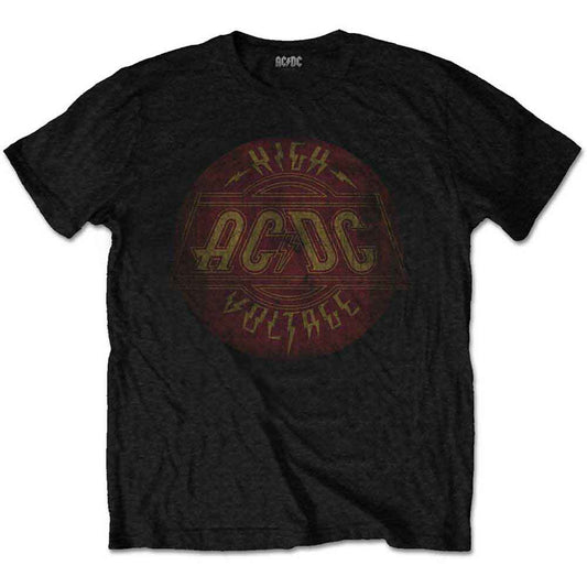 Black AC/DC t-shirt with a distressed, circular "High Voltage" logo.